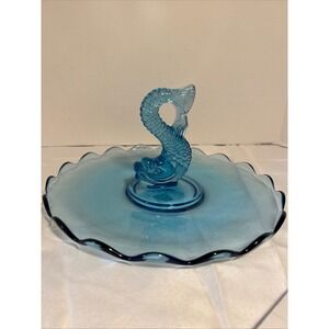 Vintage Viking Glass Blue Glass Fish Handle Scalloped Edge Tray Plate